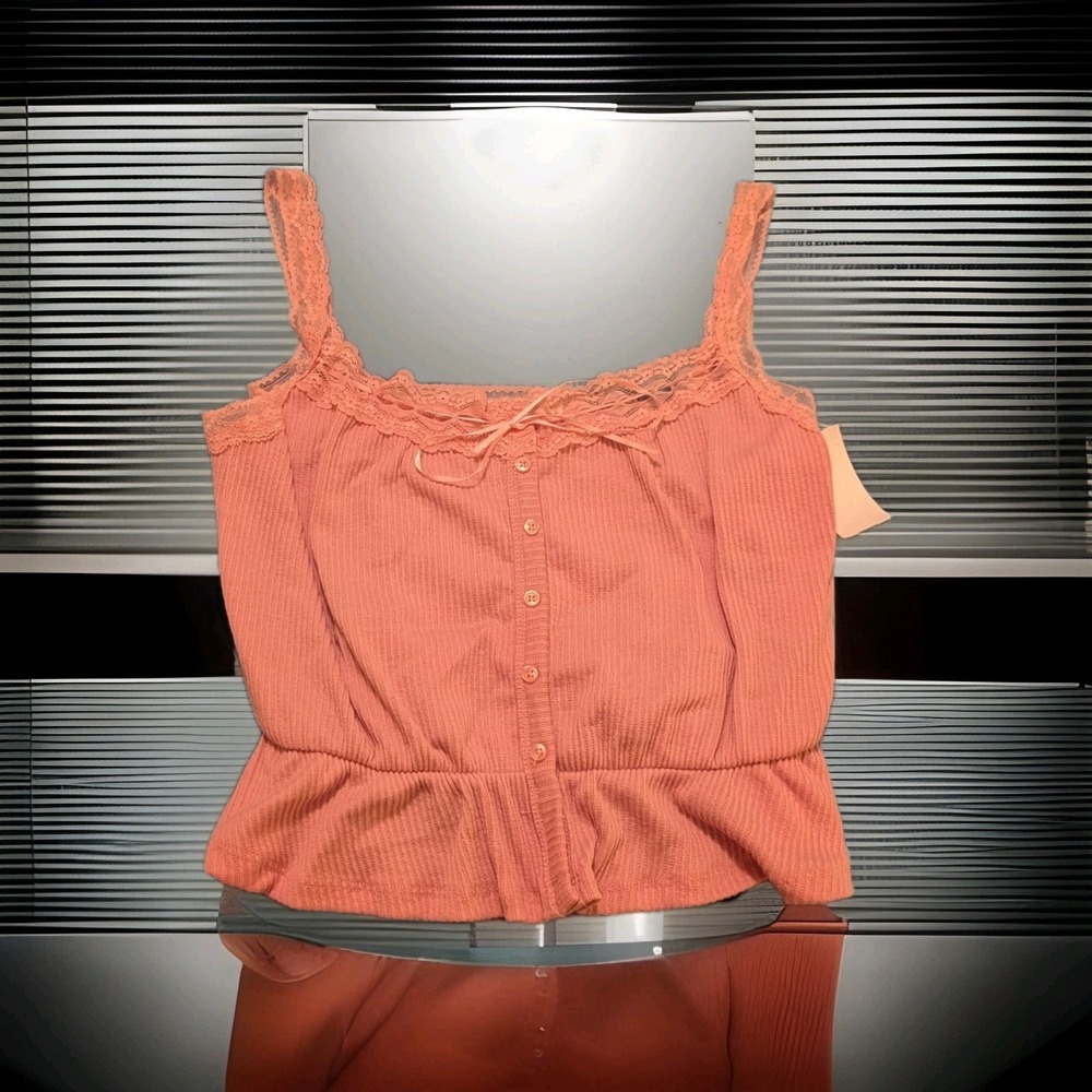 Heart & Hips Womens Light Pink Ribbed Cami Peplum Tank Lace Straps RC54449 L